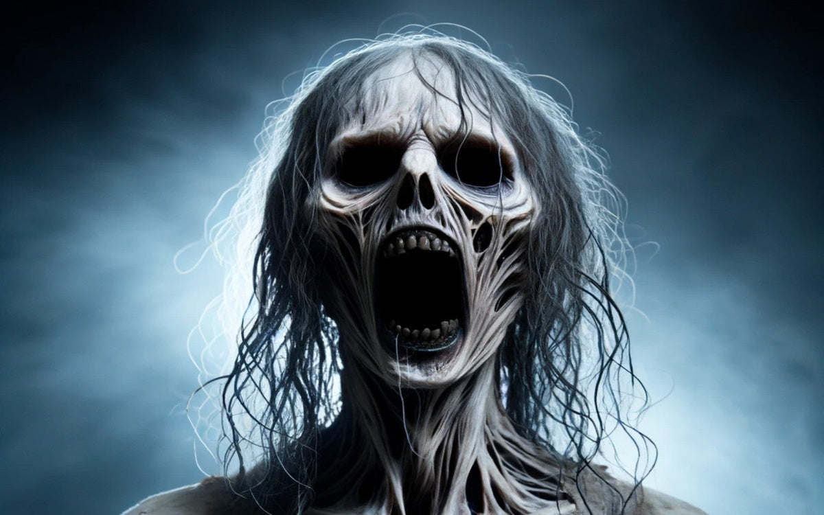 Candle Face, skeletal figure emerging from darkness with hollow eyes and mouth frozen in a silent scream.