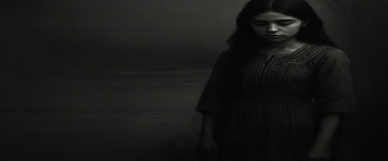 Isabel, before she was Candle Face, stands alone in a shadowy black-and-white portrait with her head lowered in quiet sadness.