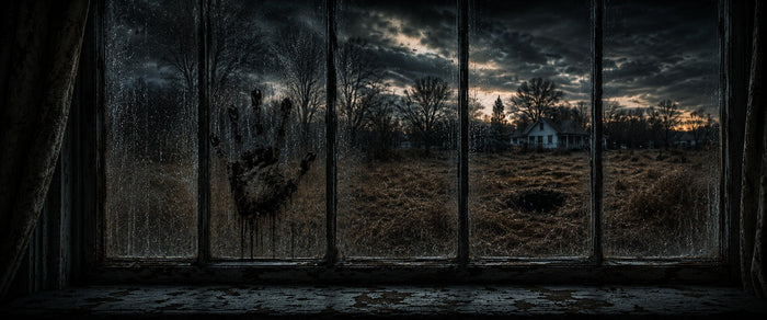 Handprint on a window with a dark, eerie landscape outside.