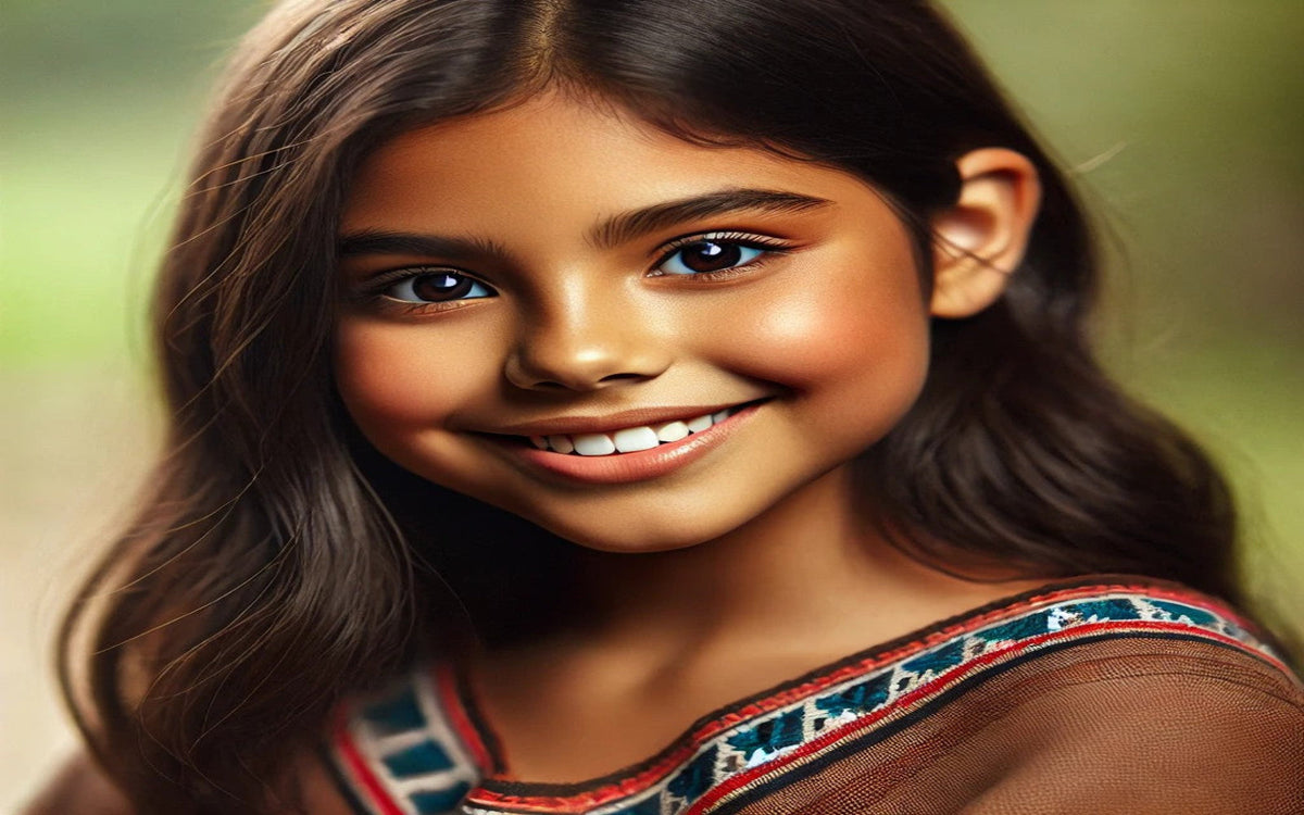 Portrait of young Isabel from Candle Face Chronicles, smiling girl with long dark hair and a patterned Aztec dress.