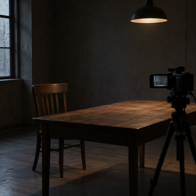 Dim interview room with an empty wooden chair, plain table, and video camera on a tripod, lit by a single overhead lamp.