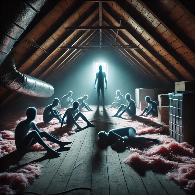 Shadowy humanlike figures sit and lie among attic insulation as a tall silhouetted figure stands before a bright window at the far end.