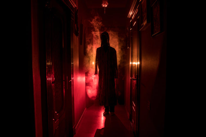 A hooded figure in a long robe standing in a dark hallway, backlit by red light and drifting smoke, face hidden in shadow.