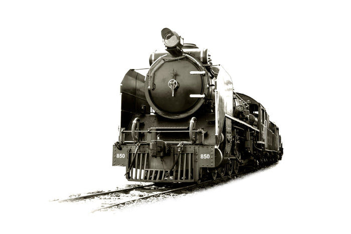 Vintage black-and-white image of steam locomotive No. 850 facing forward on railroad tracks against a stark white background.
