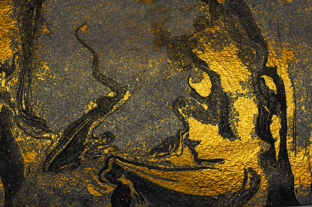 Abstract swirls of gold and black paint blending in fluid, cloud-like patterns, suggesting shifting shapes in darkness.