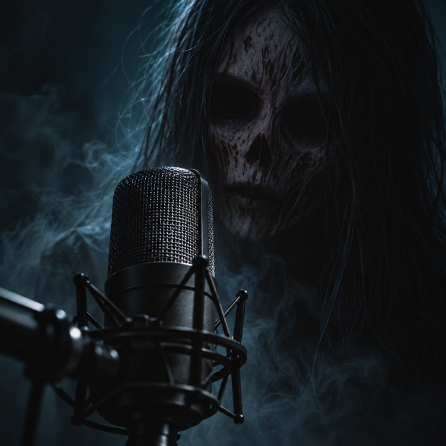 Dark spectral figure with a scarred face and long hair looming behind a large studio microphone in a smoky, blue-lit setting.