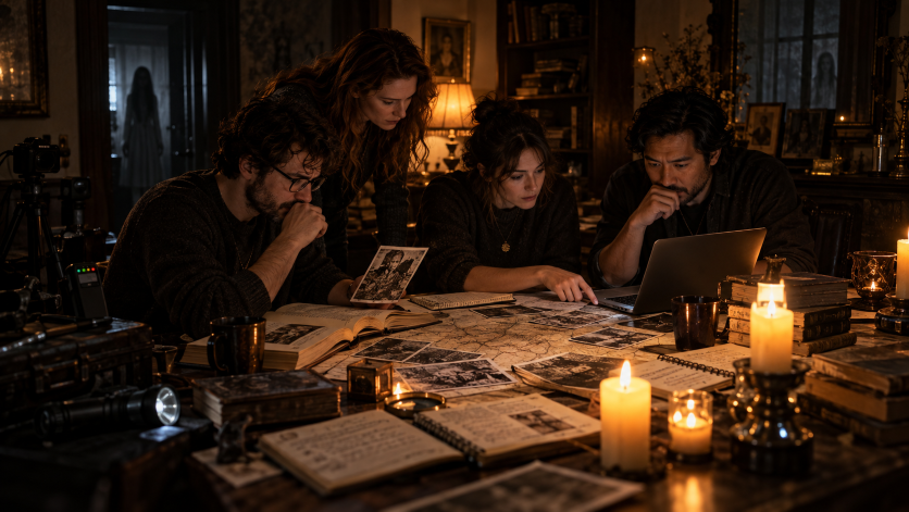 Readers and paranormal investigators study maps, notes, and old photos by candlelight as a ghostly figure appears in a doorway behind them.