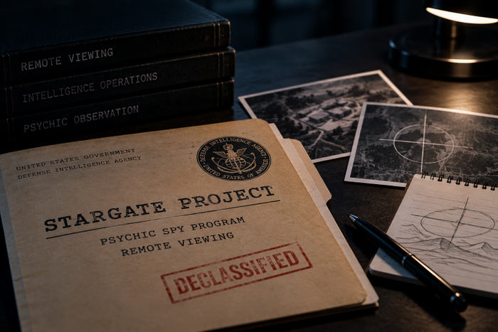 Declassified Stargate Project file on a dark desk with remote-viewing binders, aerial photos, target markings, notebook, and pen.