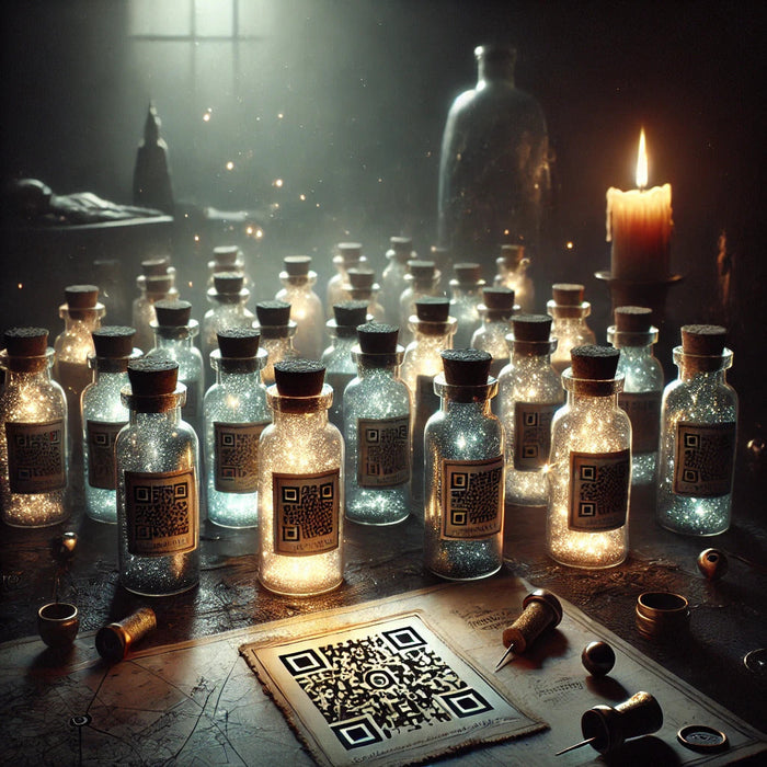 Rows of glowing corked bottles with QR-code labels sit on a dark table beside a candle, papers, pins, and a large QR code.
