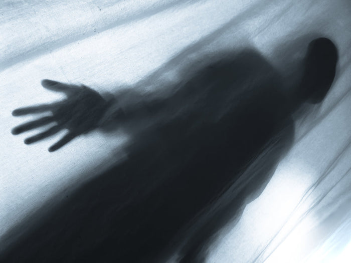 A dark human silhouette pressed behind a translucent sheet, one hand splayed against it, the figure blurred and reaching through pale gray fabric.