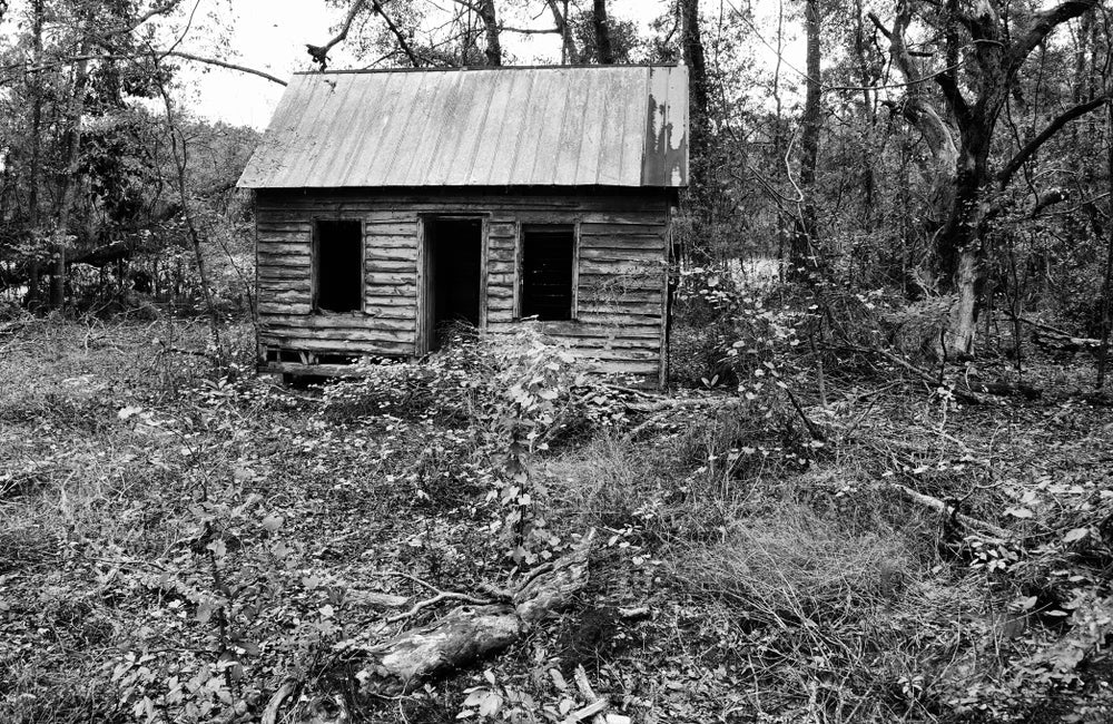 A small, weathered wooden shack with broken-out windows, standing abandoned in dense woods, shot in black and white.