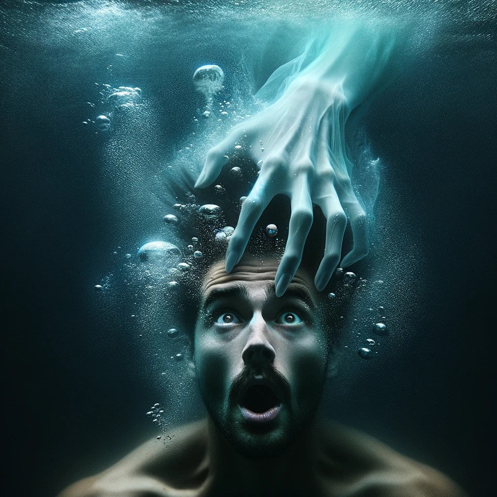 A man submerged underwater, eyes wide and mouth open in panic, as a pale, ghostly translucent hand presses down on his head from above.