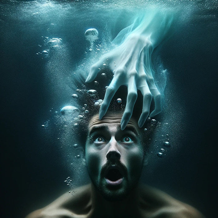 A man submerged underwater, eyes wide and mouth open in panic, as a pale, ghostly translucent hand presses down on his head from above.