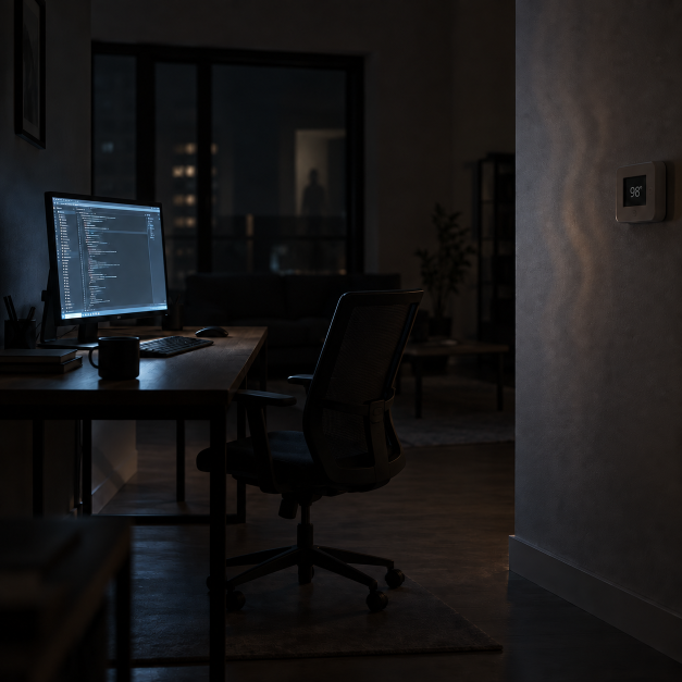 Dim apartment workspace with coding on a monitor, an empty chair, a thermostat reading 98°, and a faint shadowy figure in the background.