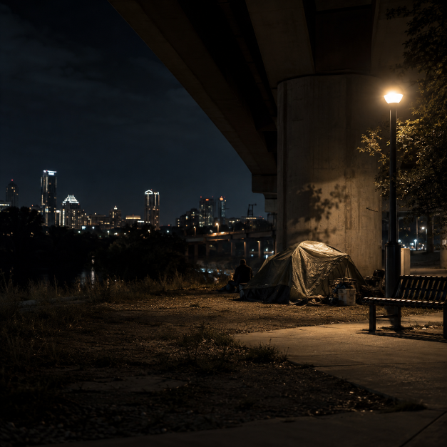 Nighttime scene beneath an Austin highway overpass with a small tent, lone seated figure, streetlamp, bench, and city skyline in the distance.