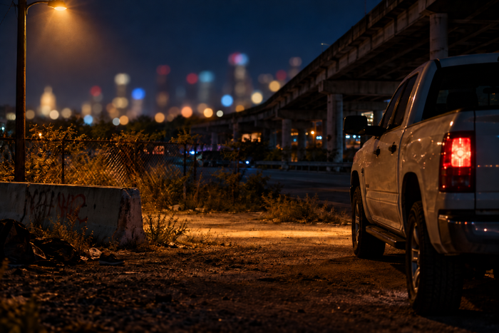 Nighttime Austin roadside beneath an overpass with a parked pickup truck, chain-link fence, streetlamp, and illuminated downtown skyline.