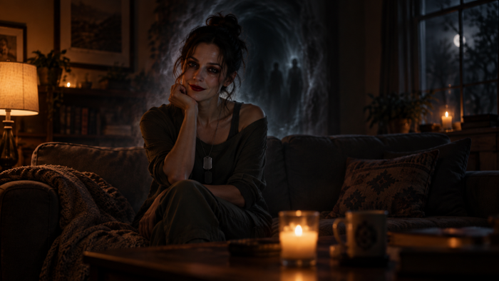 A ghostly female veteran sits on a dimly lit couch as a shadowy portal forms behind her.