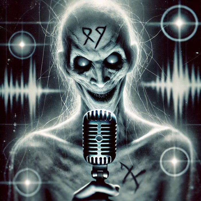 A sinister, pale humanoid with glowing eyes and occult markings grins behind a vintage microphone amid eerie radio-wave graphics.