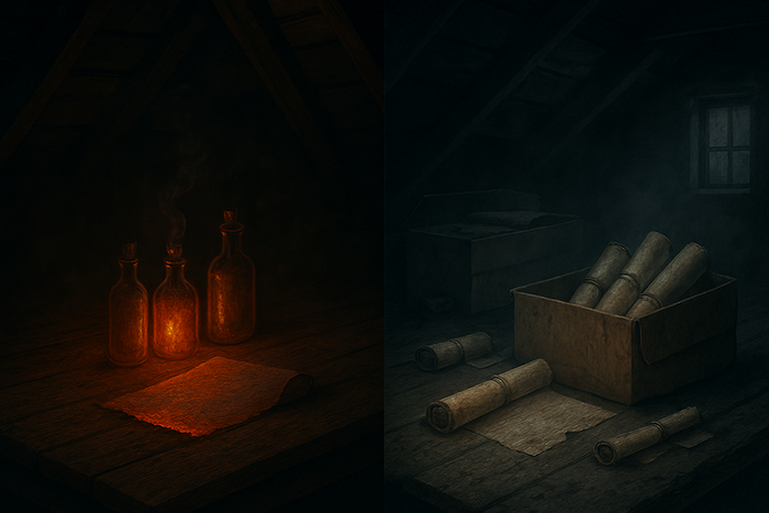 Split attic scene showing glowing corked bottles and parchment on one side, and boxes of rolled documents in shadow on the other.