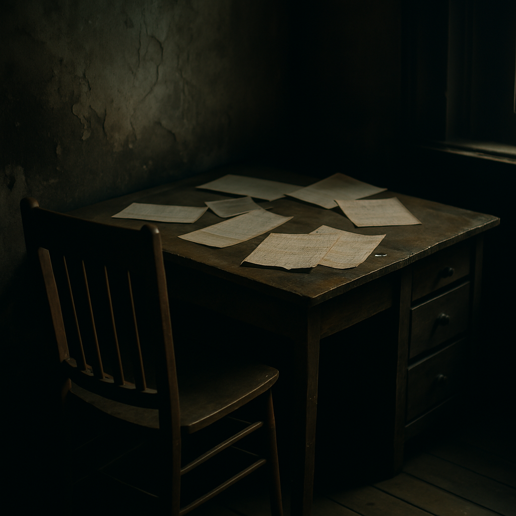 Dimly lit wooden desk and chair in a dark, worn room, with several aged handwritten pages scattered across the tabletop.