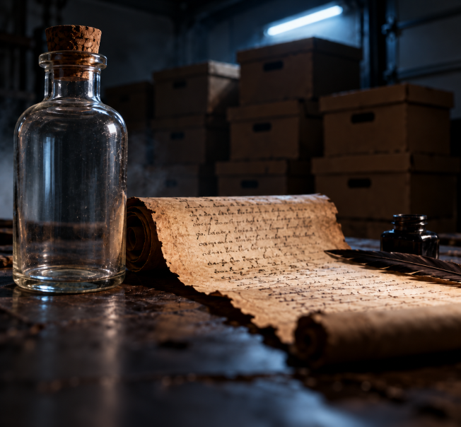 An empty corked glass bottle sits beside an aged handwritten scroll, quill, and ink bottle, with storage boxes stacked in a dim background.