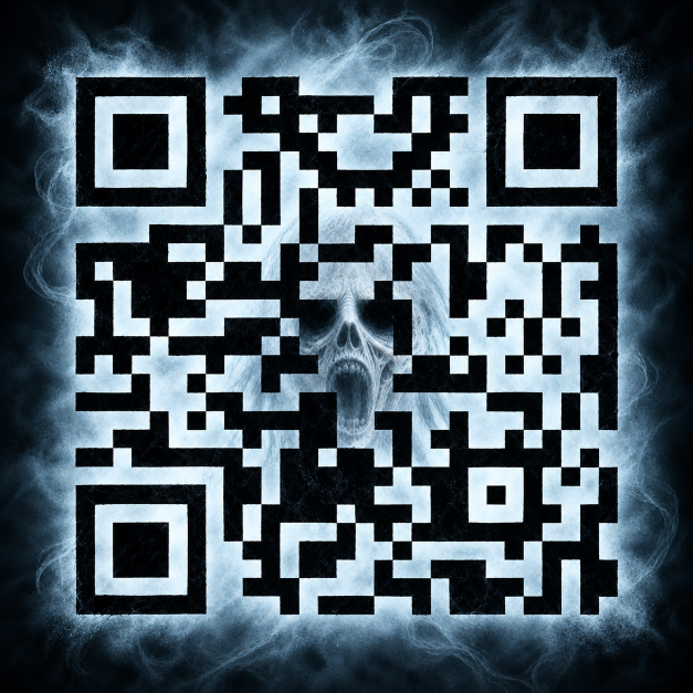 An eerie black-and-white QR code with a ghostly screaming face emerging from the center, surrounded by misty shadows; the QR code links to www.candleface.com.