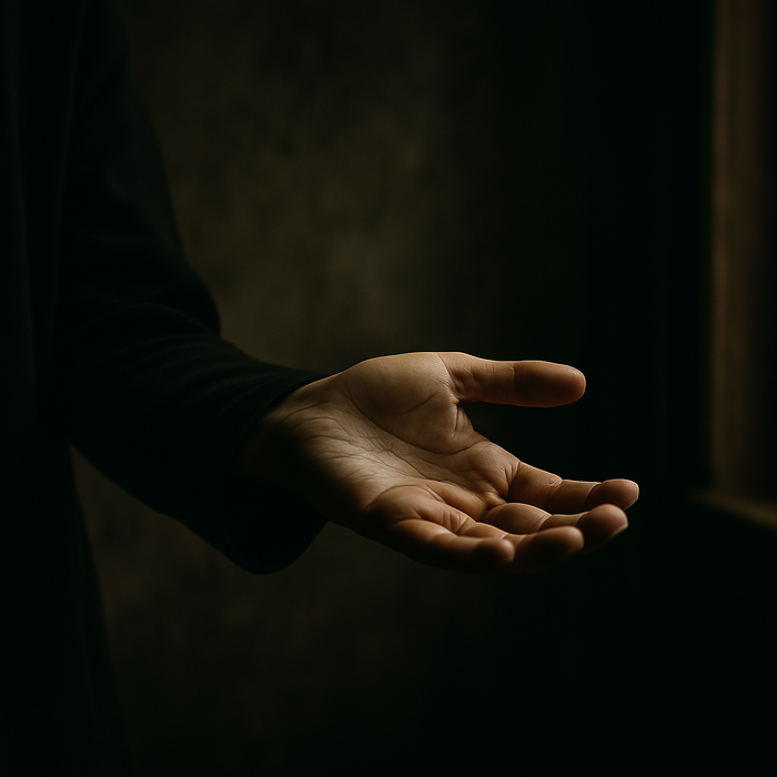 Outstretched open hand emerging from darkness, softly illuminated against a shadowy background, suggesting an offer of help or protection.