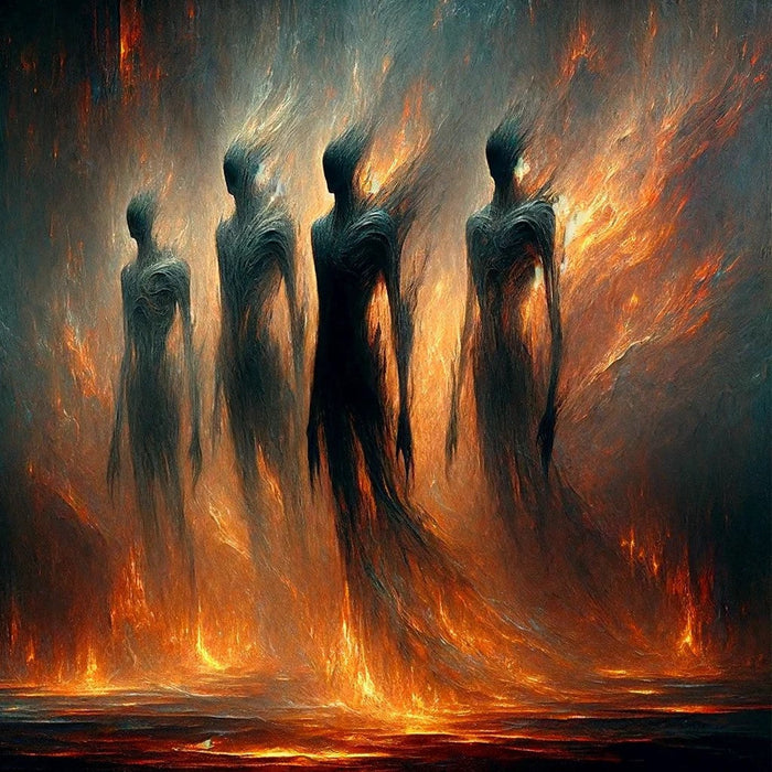 Four gaunt, faceless human figures in shadow, dissolving into flame and smoke, painted against a fiery orange and black hellscape.