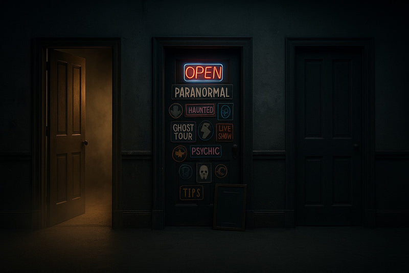 Dark hallway with three doors; the center door displays neon signs advertising paranormal tours, haunted shows, psychics, and tips.