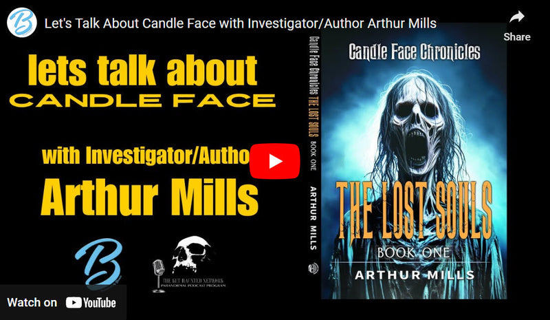 A YouTube promo thumbnail for a Candle Face interview with author Arthur Mills, beside The Lost Souls Book One cover.