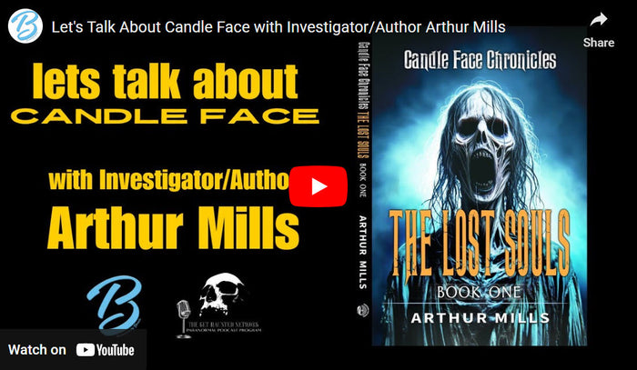 A YouTube promo thumbnail for a Candle Face interview with author Arthur Mills, beside The Lost Souls Book One cover.
