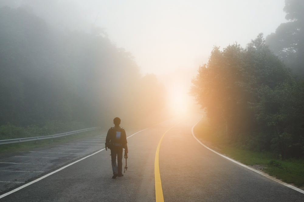 Lone figure carrying gear walks down a foggy, winding road toward a bright sunrise, surrounded by dense trees and heavy mist.