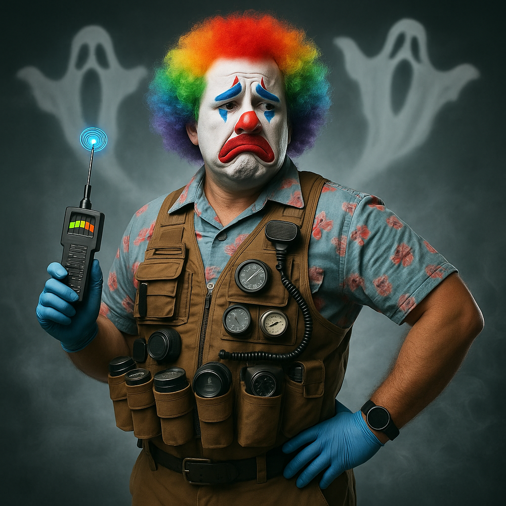 Sad clown with rainbow wig and ghost-hunting gear holds an EMF meter while two cartoonish ghosts loom in the smoky background.