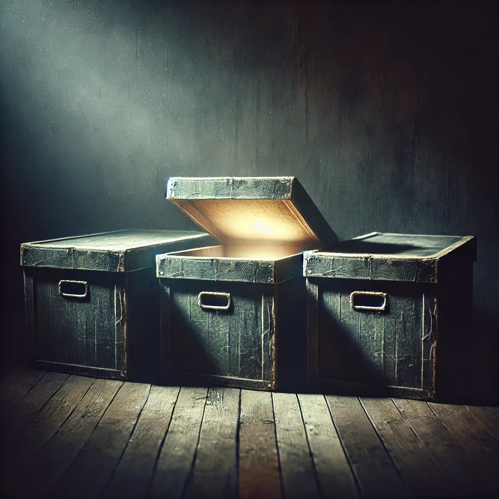 Three worn storage boxes sit on a wooden floor in a dark room; the center box is open and glowing brightly from within.