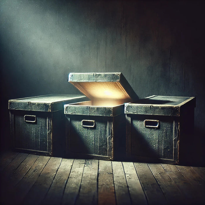 Three worn storage boxes sit on a wooden floor in a dark room; the center box is open and glowing brightly from within.