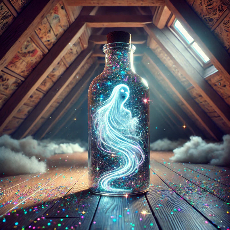 A glowing, ghostlike spirit swirls inside a corked glass bottle, surrounded by colorful sparks in the dusty attic of an old house.