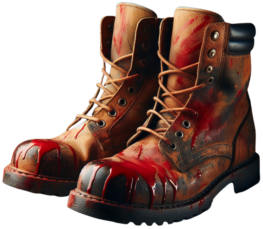 A pair of worn brown combat boots splattered with fresh red blood, isolated against a black background in a stark, ominous image.
