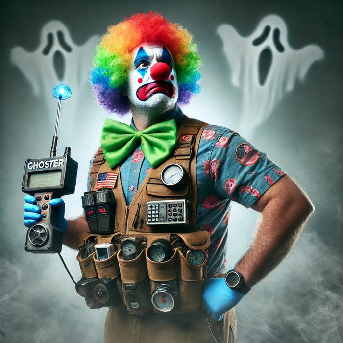 A sad-faced clown ghost hunter in colorful gear holds a paranormal detector as ghostly shapes loom on the wall behind him.