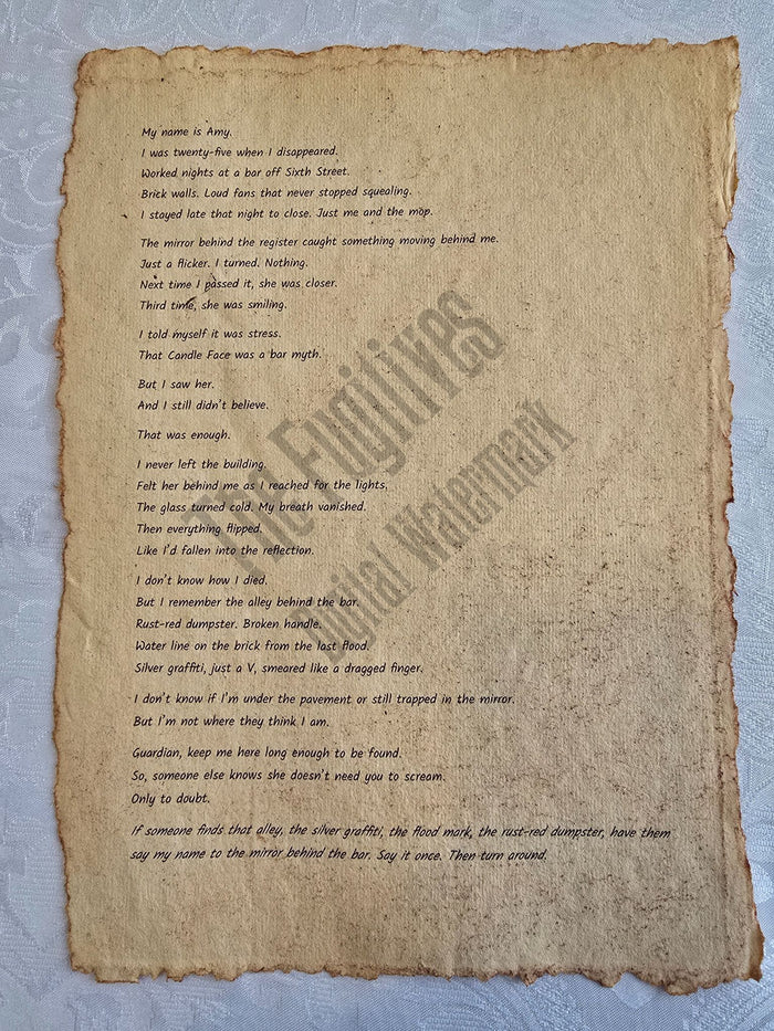 Amy: Fugitive scroll from the Candle Face Chronicles printed on aged parchment with burned edges.
