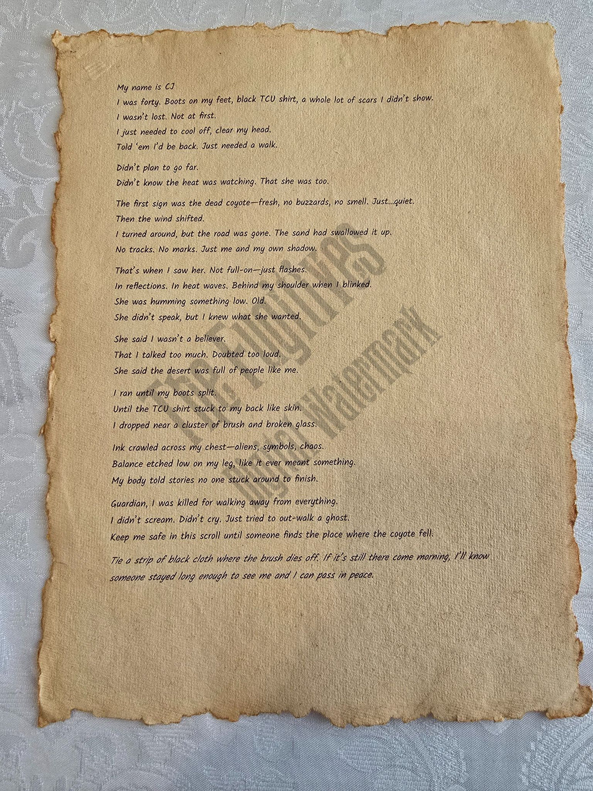 CJ: Fugitive scroll from the Candle Face Chronicles printed on aged parchment with burned edges.