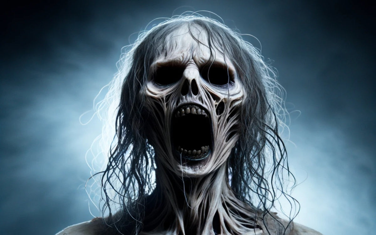 Candle Face, skeletal figure emerging from darkness with hollow eyes and mouth frozen in a silent scream.