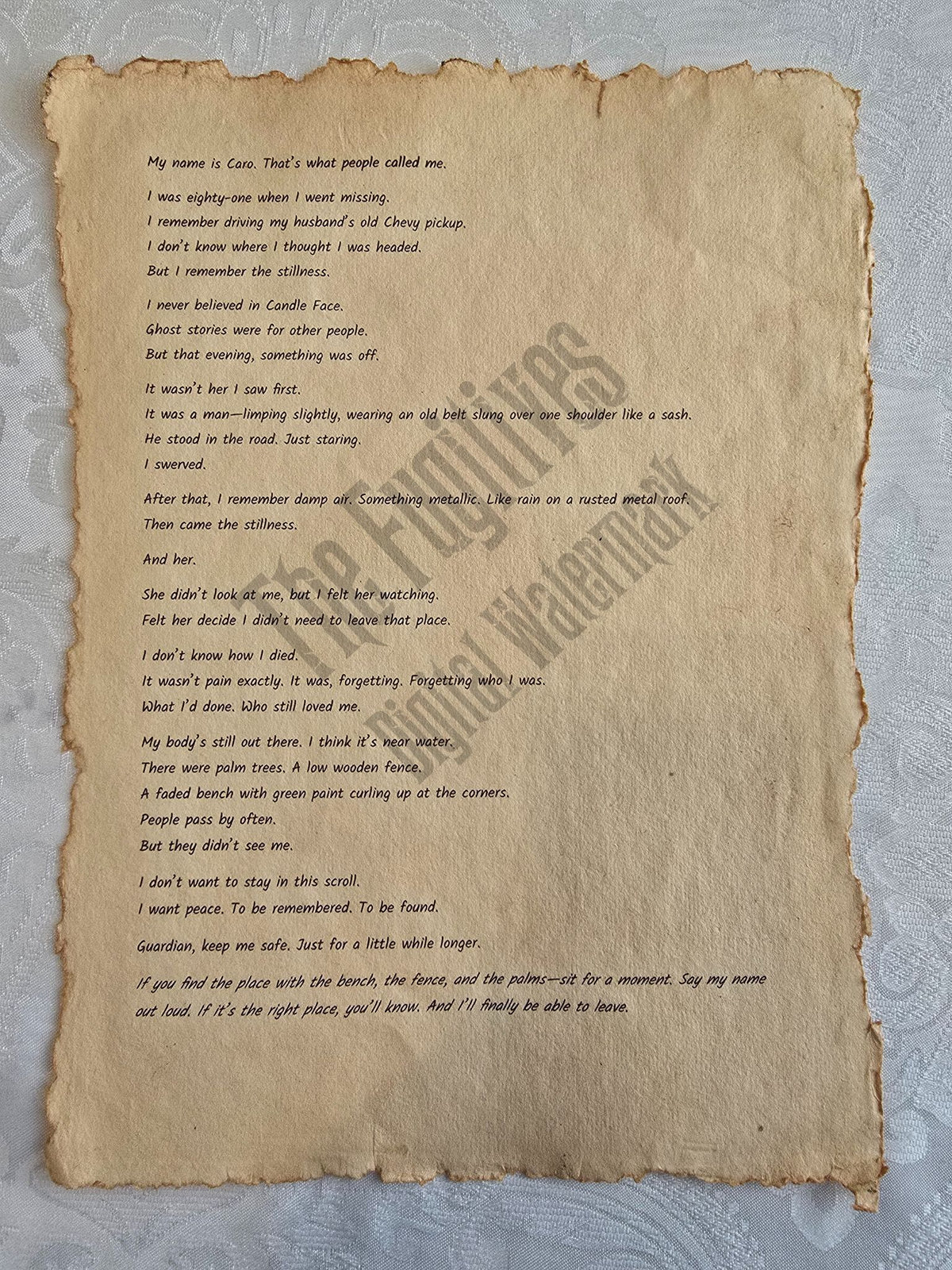 Caro: Fugitive scroll from the Candle Face Chronicles printed on aged parchment with burned edges.