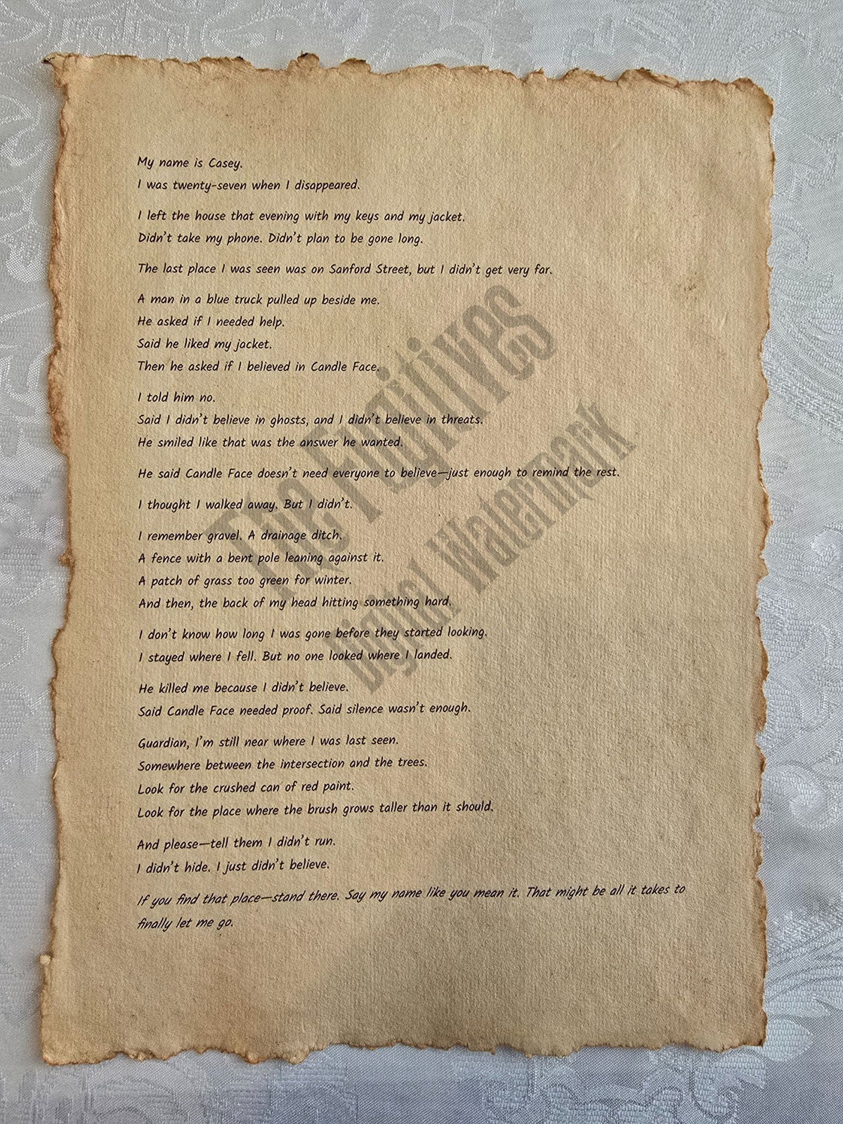 Casey: Fugitive scroll from the Candle Face Chronicles printed on aged parchment with burned edges.
