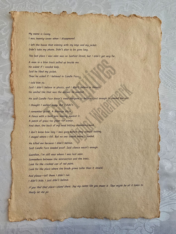 Casey: Fugitive scroll from the Candle Face Chronicles printed on aged parchment with burned edges.