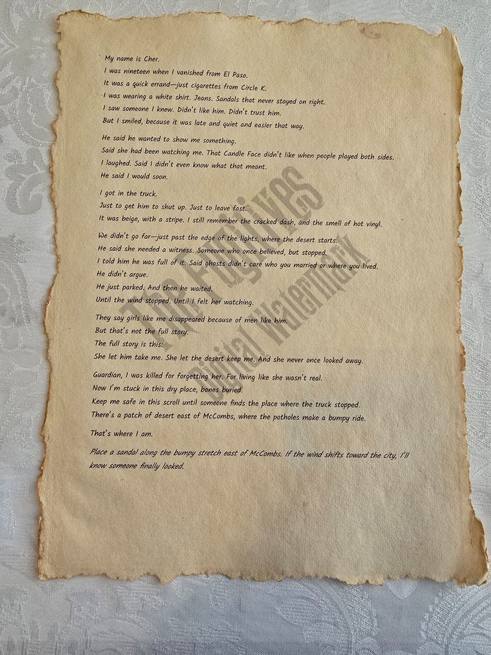 Cher: Fugitive scroll from the Candle Face Chronicles printed on aged parchment with burned edges.