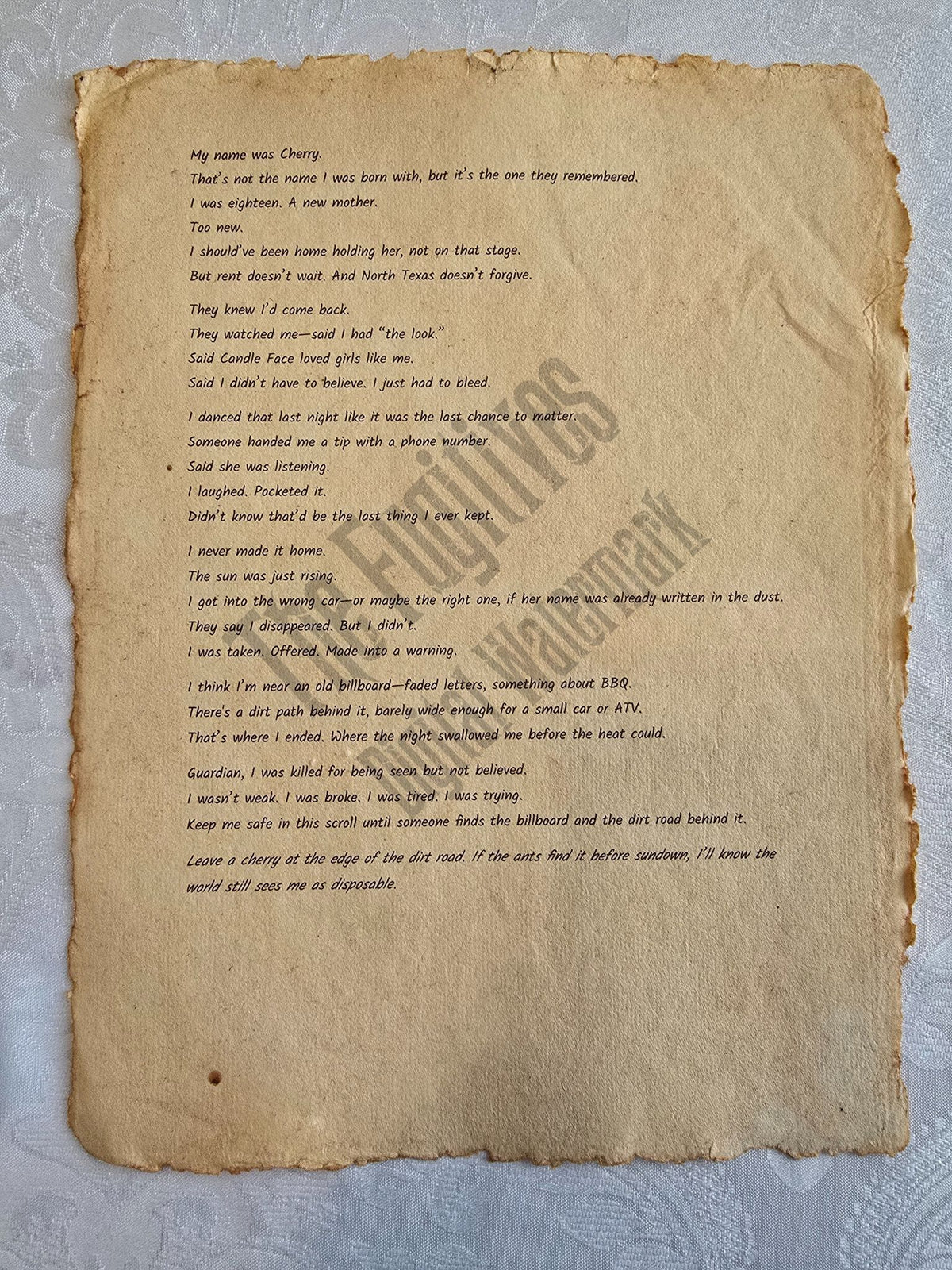 Cherry: Fugitive scroll from the Candle Face Chronicles printed on aged parchment with burned edges.