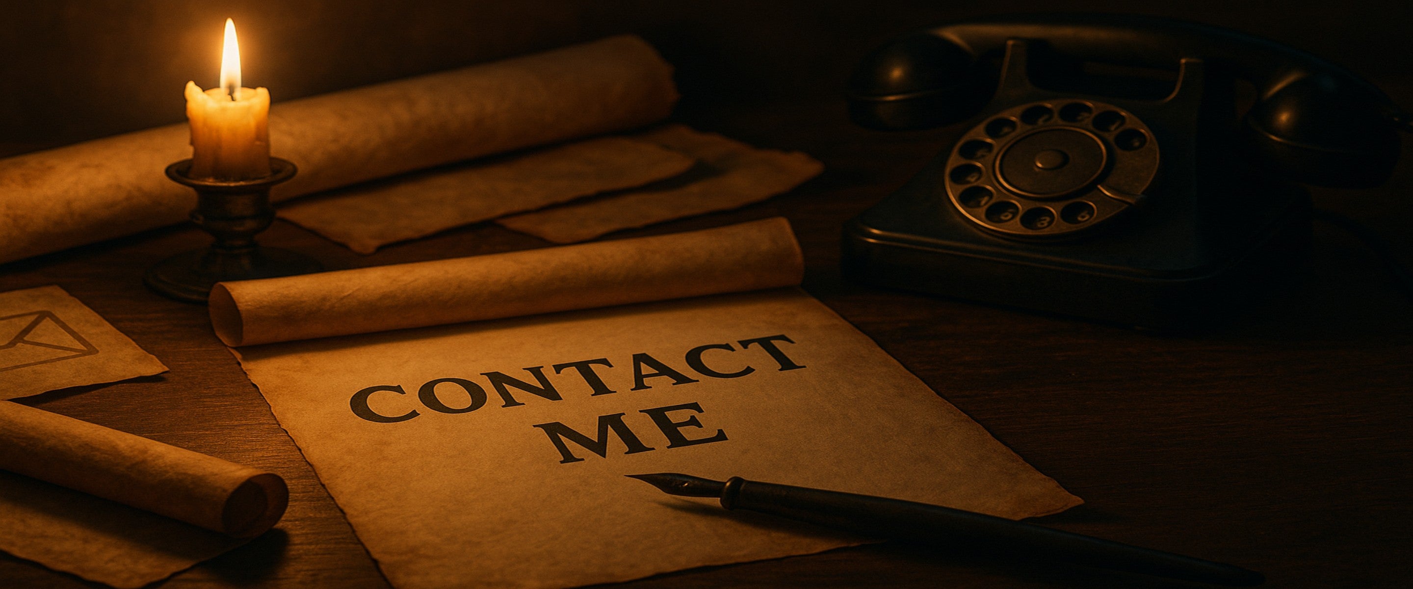Vintage setting with scrolls, candle, and rotary phone on a wooden surface.