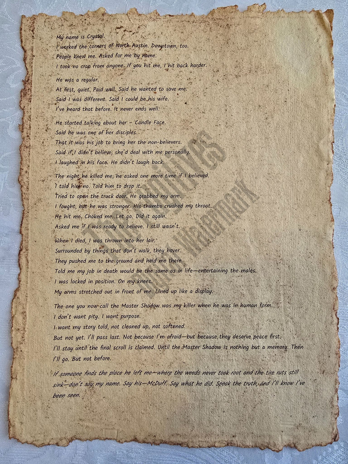 Crystal: Fugitive scroll from the Candle Face Chronicles printed on aged parchment with burned edges.