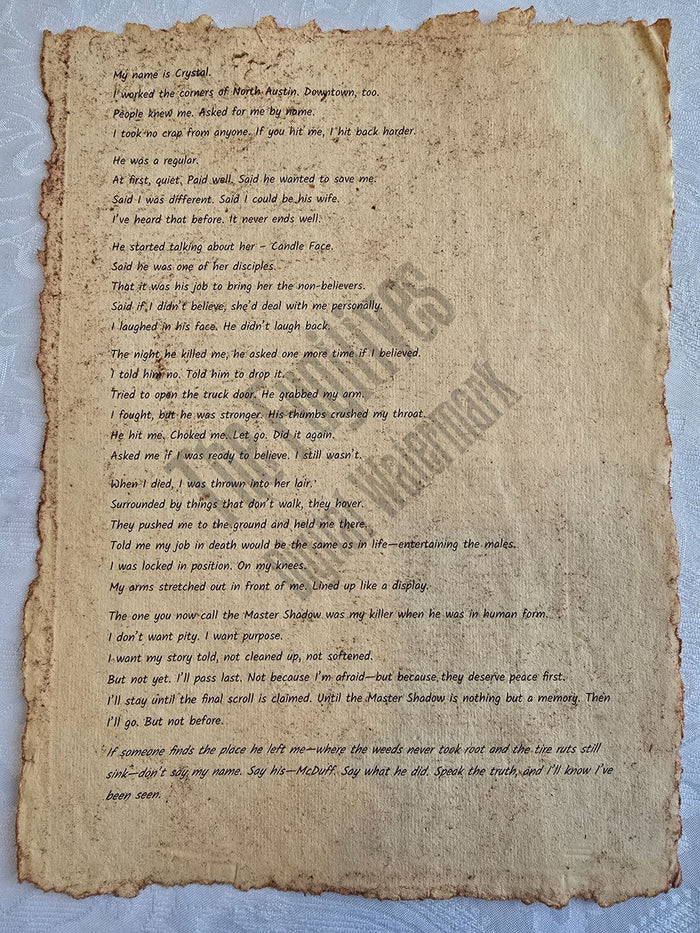 Crystal: Fugitive scroll from the Candle Face Chronicles printed on aged parchment with burned edges.