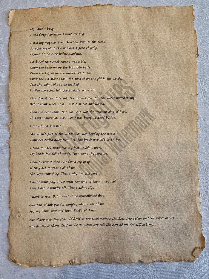 Doug: Fugitive scroll from the Candle Face Chronicles printed on aged parchment with burned edges.